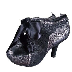 Irregular Choice Abigails Party Lace-Up Heeled Booties US 8.5 Silver Satin Bow